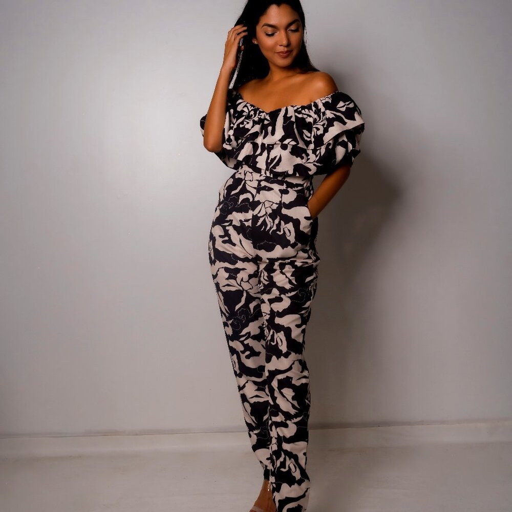 Women Off The Shoulder Ruffle Jumpsuit One Piece Dark Brown and Cream abstract